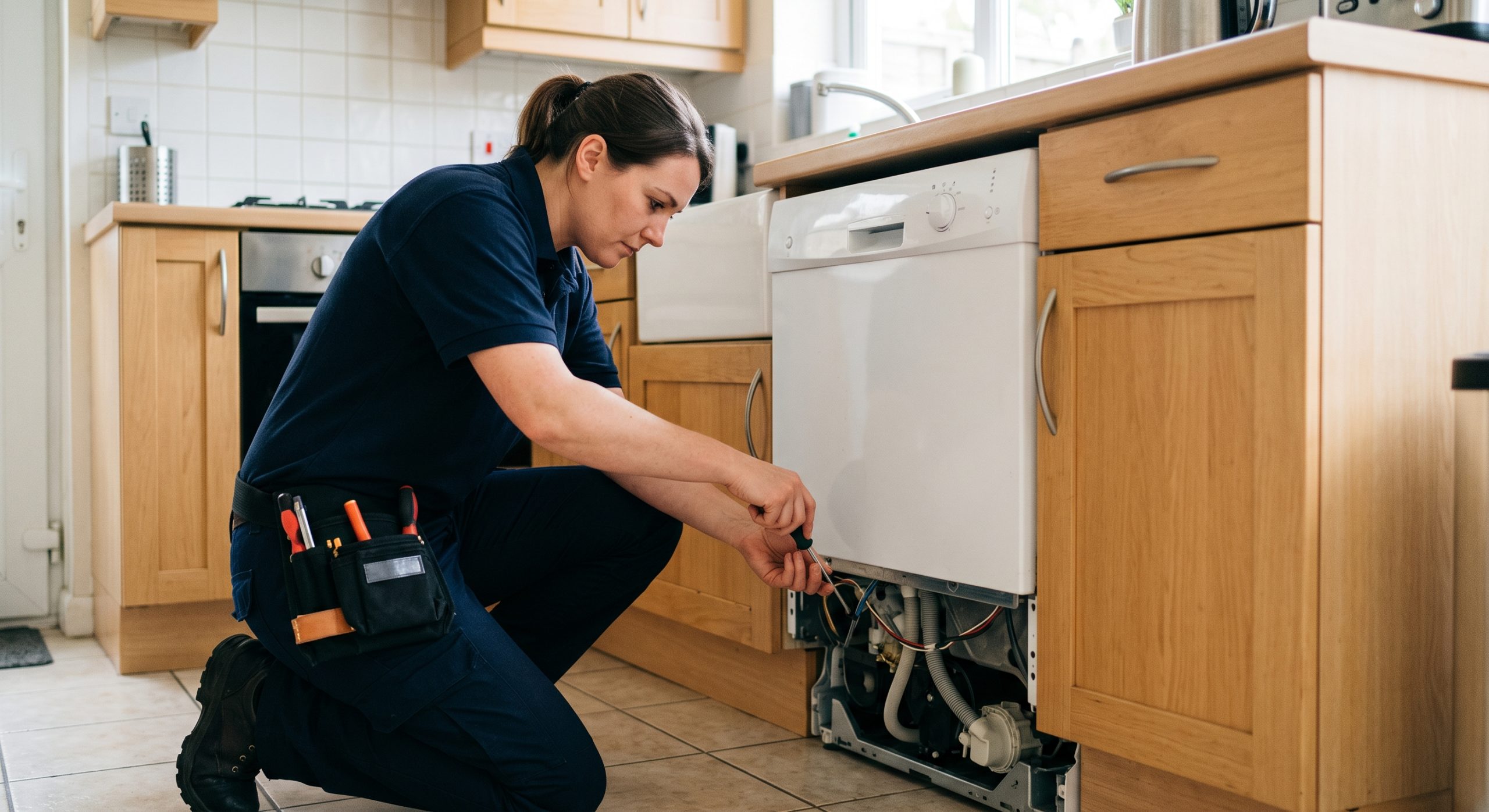 Summer AC technician repairing a dishwasher